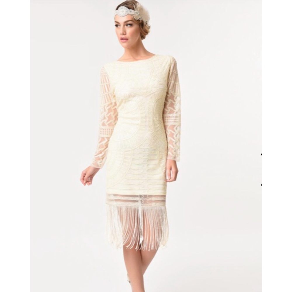 Ivory Beaded Long Sleeved Bizou Flapper Dress NWOT